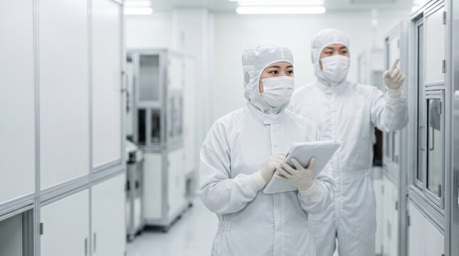 日本人半導体製造の若年女性作業員が手前に立ちクリーンルームでタブレットを使用し、背景で中年男性が装置を確認する様子、清潔な工場内と背景余白
