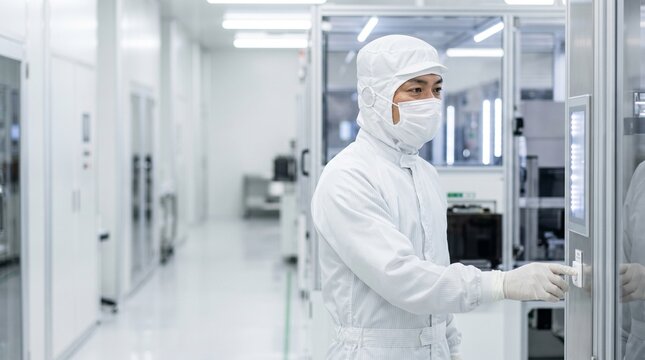 日本人半導体製造の中年男性エンジニアがクリーンルームで製造装置のスイッチを操作する様子、精密機器工場の内部とコピースペースのある構図