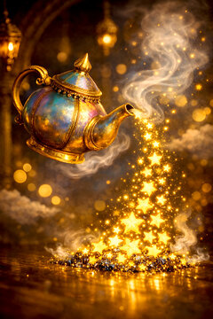 Golden genie teapot pouring stars magical illustration