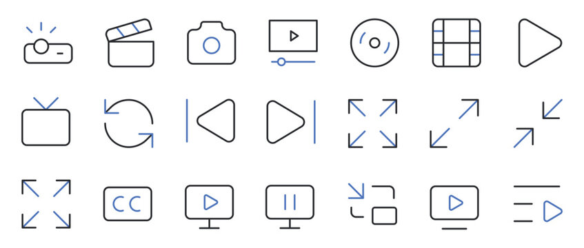Media player and video control icons set editable stroke line vector illustration.