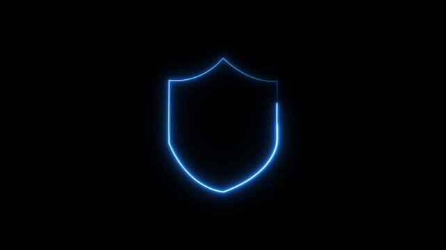 Shield icon security neon glowing blue animation on a black background.