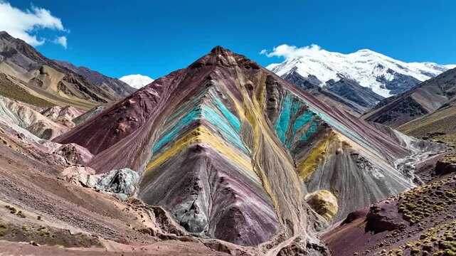 Vibrant Rainbow Mountain Landscape with Snow Capped Peaks.