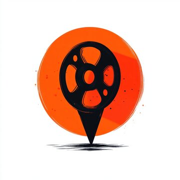 black film reel shaped map pin centered on a bright orange painted circle with ink splatters and a cast shadow, bold and dynamic