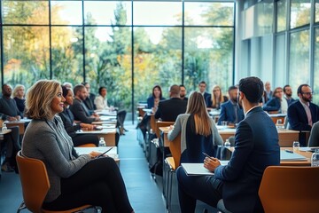 Obraz premium Attentive professionals seated at desks in a modern glass-walled conference room during a daytime business seminar, focused and engaged