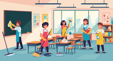 school children cleaning classroom desks © Fenda