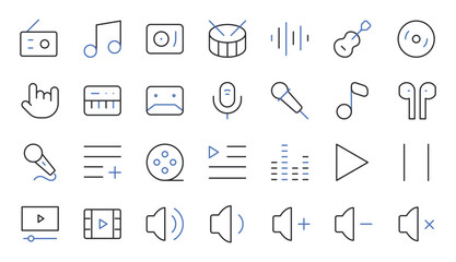 Music and audio control icons set editable stroke line vector illustration. © Binaya