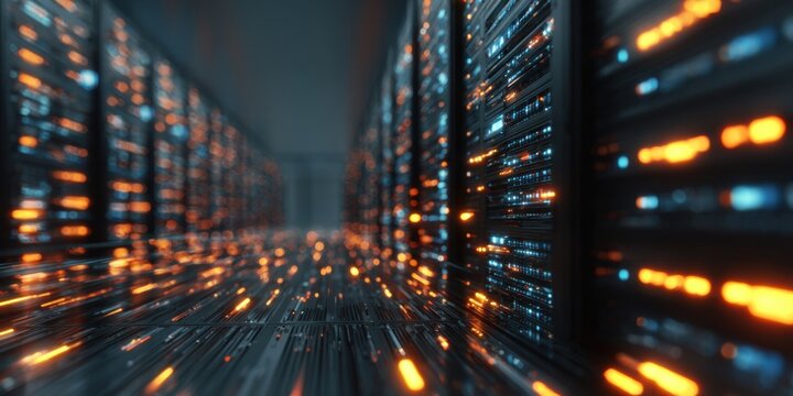 Abstract digital data flow in a futuristic server room with glowing lights.
