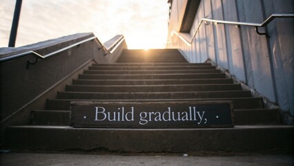 Fototapeta premium Inspirational Staircase with 'Build Gradually' Message at Sunrise, Symbolizing Progress and Ambition