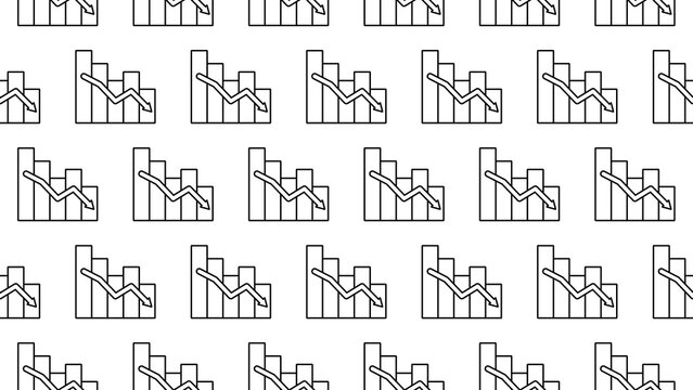 Seamless vector pattern featuring a stroke outline bar chart with decreasing bars and a zigzag downward arrow on a transparent background. Financial loss concept background and business designs.