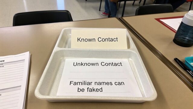 Divided Tray with Labels for Known and Unknown Contacts and a Cautionary Message about Faked Names