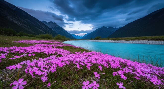 vibrant pink moss phlox blooming along serene alpine lake with dramatic mountain backdrop at dusk