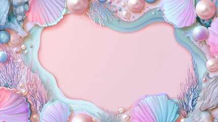 Naklejka premium Cute mermaid birthday frame seashells ocean pearls pastel pink background underwater princess party design decorative sea elements invitation layout with whimsical fantasy celebration theme