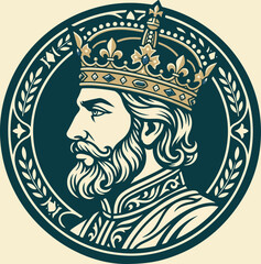 Elegant portrait of a medieval king in a decorative circular frame.