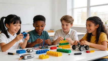 Naklejka premium Children playing with building blocks and electronics