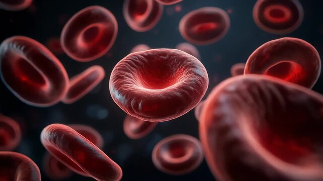 Vibrant red blood cells flowing through dark microscopic environment with dynamic movement and glowing effects