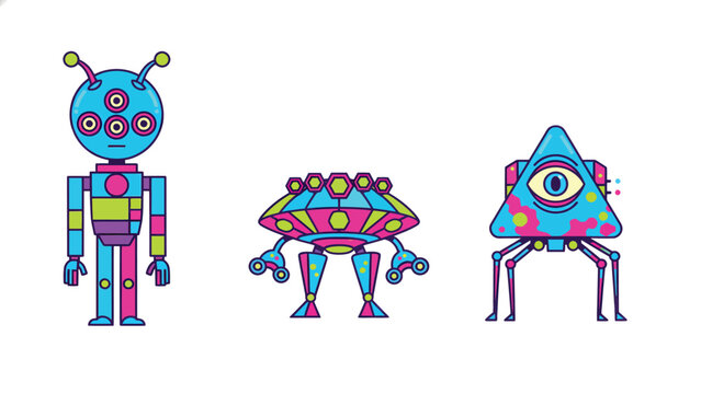 Vibrant Cartoon Alien & Robot Characters Set on White Background - Modern Sci-Fi Vector Illustration