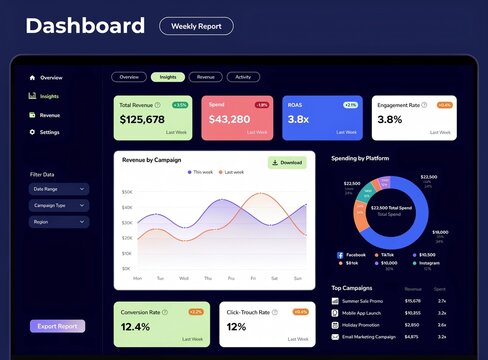 Modern business dashboard interface with financial data charts and graphs isolated on white background