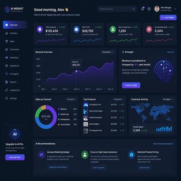 Dark mode business dashboard interface with analytics and data charts isolated on white background