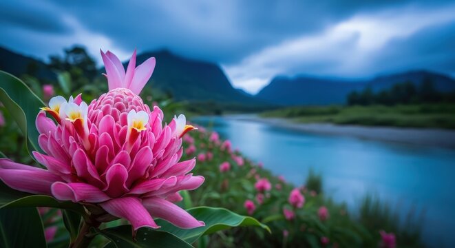 vibrant pink shell ginger flower blooming by serene mountain lake at golden hour