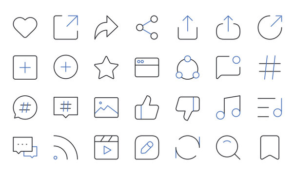 Social Media Icons Set Editable Stroke Line Vector Illustration.