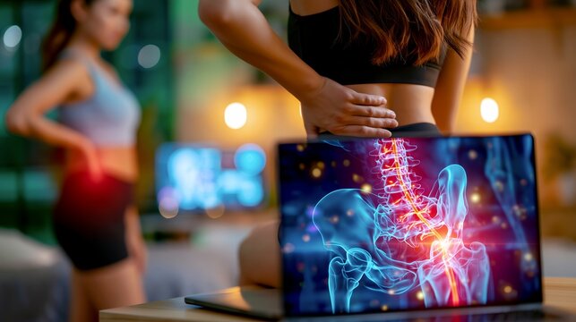 Woman with glowing red tailbone pain in gym, concept of coccyx injury and fitness strain