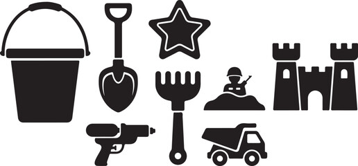 Set of black silhouette featuring beach toys including a bucket, shovel, star mold, rake, sandcastle, toy soldier, water gun, and a dump truck isolated on a white background © MdAbu