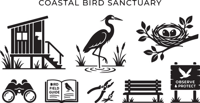Coastal bird sanctuary set featuring a wildlife observation blind, heron, bird nest with eggs, binoculars, field guide, park bench, and an observe and protect signage