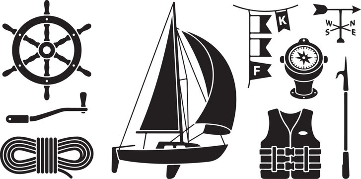 Nautical set of black silhouette featuring a sailboat, ship steering wheel, compass, life vest, rope coil, weather vane, winch handle, boat hook, and decorative maritime signal flags