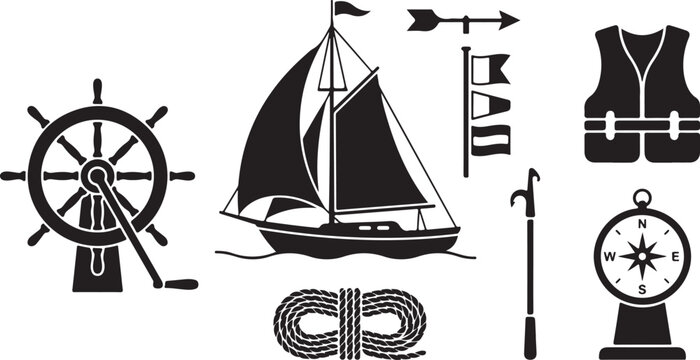Set of black nautical featuring a sailboat, ship wheel, life jacket, compass, rope, boat hook, and signal flags on a white background, representing maritime and sailing equipment