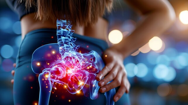 Female fitness athlete with glowing red tailbone pain in gym