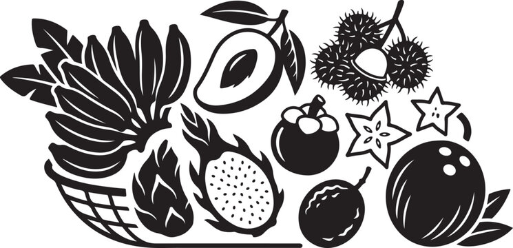 Black and white of a tropical fruit basket containing a bunch of bananas, sliced mango, rambutan, dragon fruit, mangosteen, star fruit, passion fruit, and a whole coconut