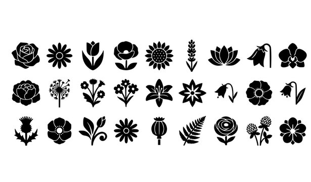 Minimal Black Flower Icons Set &ndash; Simple Floral Vector Collection Isolated on White