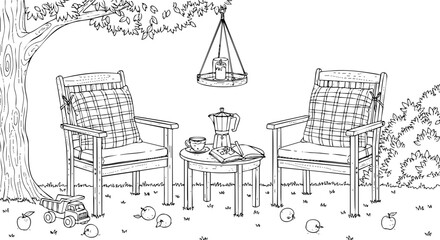 Fototapeta premium Cozy outdoor garden seating arrangement featuring two wooden chairs with a table in a vector illustration.