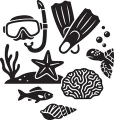 Black and white set of snorkeling gear, sea turtle, starfish, coral reef, tropical fish, and seashell, arranged in a collection of marine life and underwater exploration © MdAbu