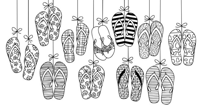 Decorative vector illustration of multiple pairs of summer flip flops hanging from thin black strings.