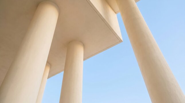 Classical architectural columns against clear blue sky, majestic stone pillars of ancient greek temple facade, elegant marble colonnade under bright sunlight, historic monument structure detail
