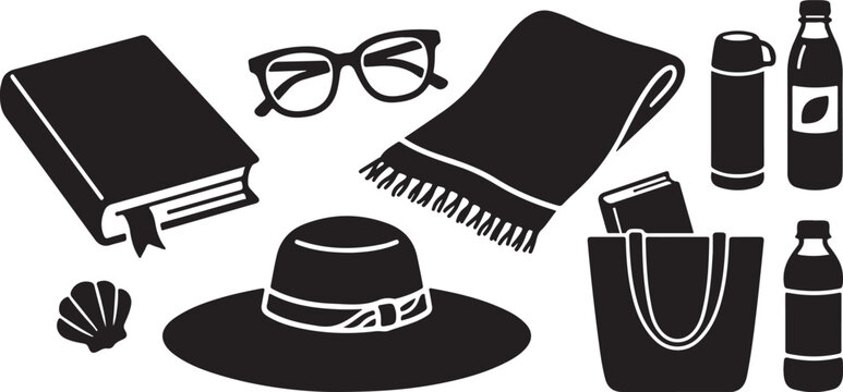 Black and white set of summer vacation essentials, including a sun hat, book with bookmark, eyeglasses, fringed beach towel, tote bag, seashell, thermos, and water bottles