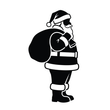 Christmas santa claus silhouette profile carrying large toy bag over shoulder isolated on white festive seasonal icon.