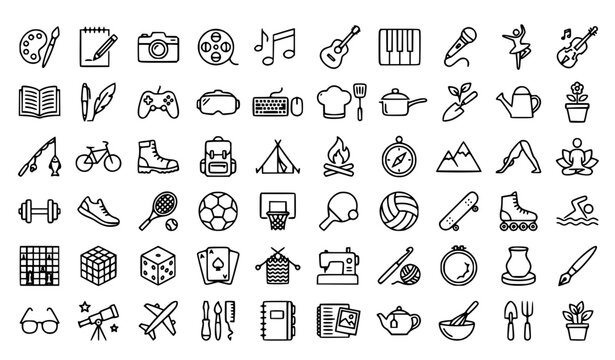   Hobby and leisure outline icon set with creative sports and recreational activities editable stroke vector collection