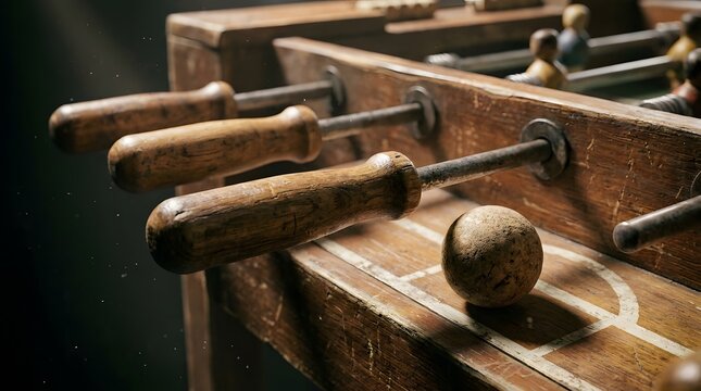 A close-up view of a vintage wooden foosball table with players and a ball, showing texture and detail.