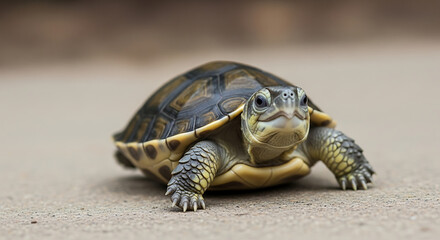 Obraz premium A cute turtle walks on sandy ground with a smiling expression on its face