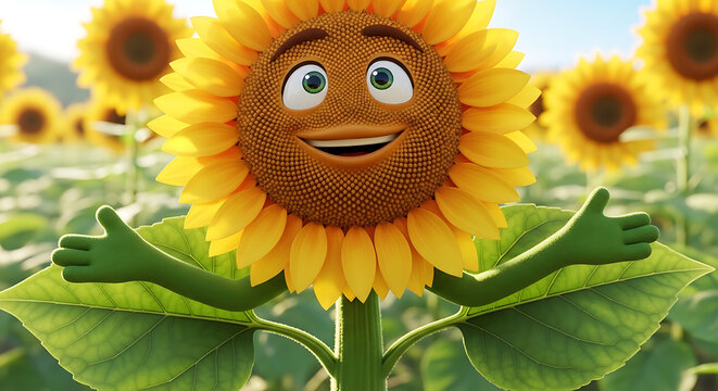 A cheerful cartoon sunflower character spreads arms in a sunny field