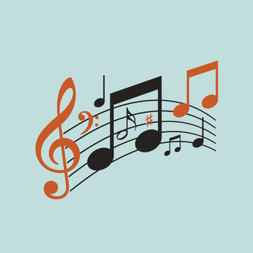 Musical notes and symbols on a light blue background.