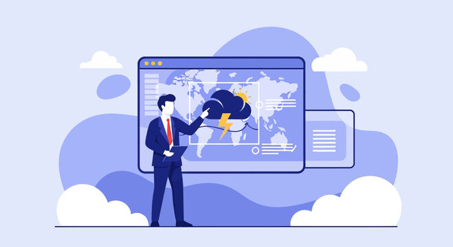 Meteorologist presents weather forecast on digital screen with global map and storm clouds