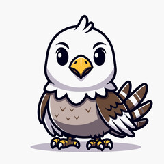 Fototapeta premium Cute cartoon baby eagle with white head and brown body standing on a white background, featuring a yellow beak and large eyes.