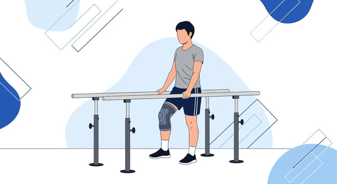 Man with knee brace practicing walking with parallel bars in physical therapy