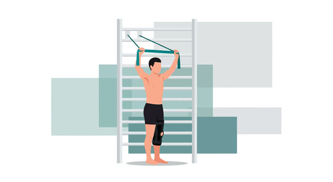 Man with prosthetic leg doing resistance band exercise on wall bars in a rehabilitation center