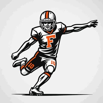 Graphic illustration of an American football player in a kicking motion, wearing a helmet and jersey with the letter F and number 10.