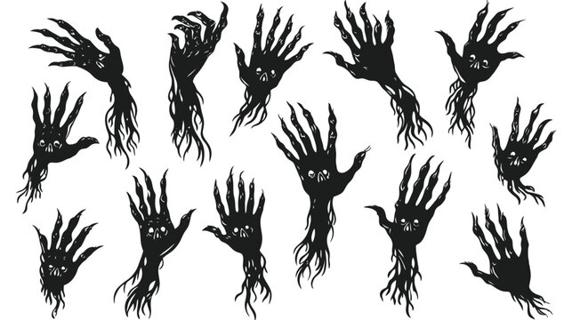 Collection of Spooky Black Silhouette Hands with Eyes Reaching Out.