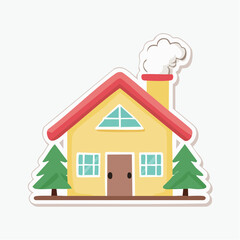 Fototapeta premium Cartoon house with smoking chimney and trees